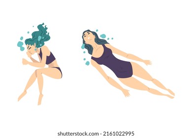 Young women in swimsuits swimming in water cartoon vector illustration