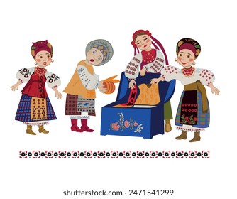 Young women take out festive folk clothes from the chest. Vector illustration