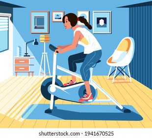 young women taking exercise at home using static bike, home interior design illustration as background. used for banner, poster, web image and other