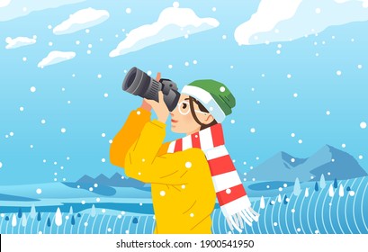 young women taking a photo with camera in the middle of snowfall flat vector illustration. used for social media, landing page illustration and other