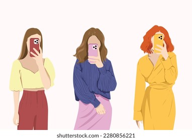 Young women taking photos of themselves on their phones. Stylish women looking at a mobile phone screen. A collection of vector characters. Flat mirror vector illustration. 