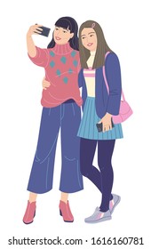 Young women taking selfie photo on smartphone. Girlfriends in casual clothes holding mobile phone isolated on white. Simple female friend characters in flat style vector illustration.