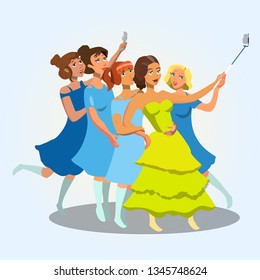 Young Women taking Selfie Vector Illustration. Hen Party, Girls Night, Birthday, Bachelorette Party. Female Cartoon Characters in Evening Dresses. Ladies, Teenagers having Fun Flat Isolated Clipart