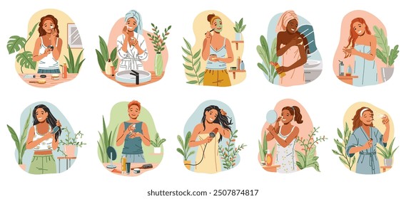 Young women taking time for self care at home flat color vector icon set. Pampering and spa treatment procedures after shower illustration pack on white