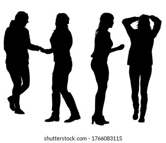 Young women talk to each other. Isolated silhouettes on a white background. Femenism Theme