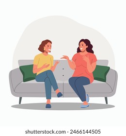 Mujeres jóvenes hablando, chismorreando, susurrando secretos, contando noticias en el sofá. Ilustración vectorial de dibujos animados de estilo plano. 