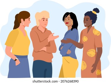 Young women talking together to each other.  Different nationalities and races. Female friendship, friends spending time together. multiethnic people talking. Flat Cartoon Vector Illustration