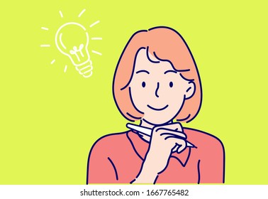 Young women are thinking of ideas and writing something. Hand drawn thin line style,vector illustrations.