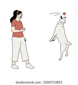 Young women throwing a ball to dog