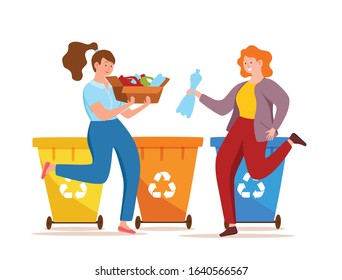 Young women throwing plastic garbage in containers vector illustration. Waste management concept with eco-friendly girls sorting waste into different tanks. Ecological graphic for save the Earth desig