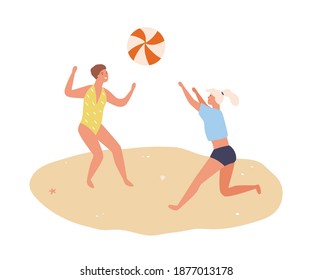 Young women tossing ball on beach. Cheerful people playing volleyball in summer. Scene of recreation and vacation. Friends spend time at seashore. Flat vector cartoon illustration isolated on white