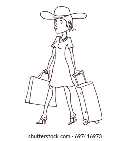 A young women tourist is walking with a suitcase on wheels. Hand drawn cartoon vector illustration.