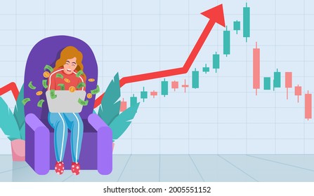 Young women trading stocks market on laptop  get profits,Candlestick graph buy and sell sign, young girl  investing concepts,internet earning cash study, winning plenty of money, vector illustration 