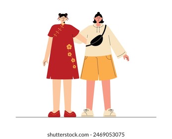 Young women in traditional Chinese clothes and women in fashionable clothes, diversity vector illustration.