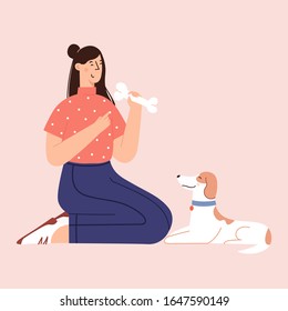 Young women is training her domestic dog. Human and puppy friendship flat cartoon illustration in vector.