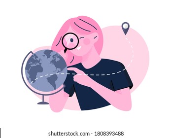 Young women traveler looking at world globe with a magnifying glass, smiling and planning her vacation. Smart young student pointing at globe. vector cartoon illustration