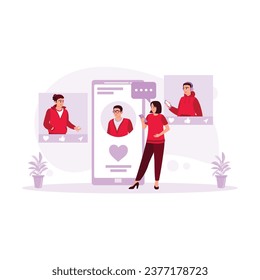 Young women use mobile phones to make online calls with their friends. Online Dating concept. Trend Modern vector flat illustration