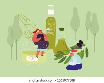 Young Women Use Olive Oil for Cosmetics, Beauty Care and Cooking Purposes. Tiny Female Character Sitting on Huge Cosmetic Jar Looking in Mirror Hold Ripe Olives Branch Cartoon Flat Vector Illustration