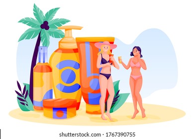 Young women use sunblock cosmetic. Summer face and body solar protection care concept. Vector flat cartoon girls characters illustration. Beach skincare, sunscreen cosmetics packaging