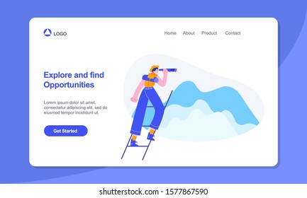 Young women using binocular finding opportunities concept illustration. suitable for web, banner, poster and landing page.