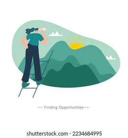 Young women using binocular finding opportunities concept illustration. suitable for web, banner, poster and landing page