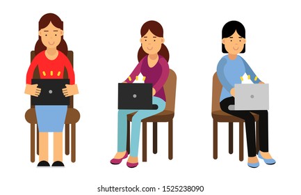 Young Women Using Laptops Concept Set Of Three Vector Illustrations