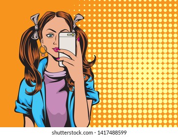 Young women using mobile phones, She checks the message. retro vector illustration comic cartoon vintage kitsch