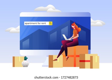 Young women using an online platform to find an apartment for rent, House renting service. Vector illustration with character