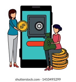 young women using smartphone with safe box and coins