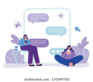 mujeres jóvenes que usan el sitio web de smartphones burbujas de charla chateando concepto ilustración vectorial