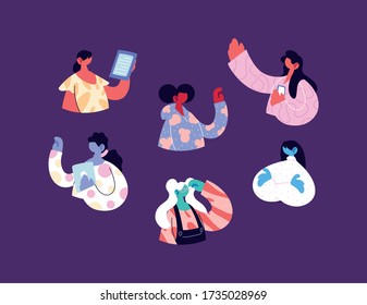 young women using technological gadgets vector illustration design