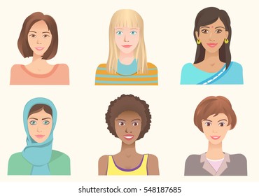 Young women of various nationalities. Girls of different ethnic and races. Various skin color, eyes and hairstyle. International portraits. Set of vector avatars.