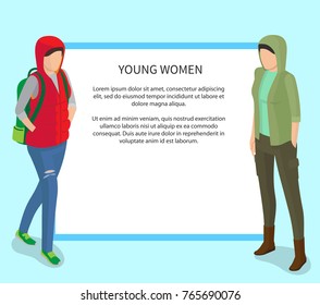Young women vector poster with place for text. College students in casual cloth, in red sleeveless jacket, with backpack and in green stylish apparel