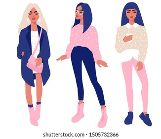 Young women vector set. Stylish girls in trendy clothes isolated on white background. Fashion teens. Colorful People illustration in flat style. Female cartoon characters.