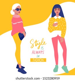 Young women vector set. Stylish girls in trendy clothes isolated on white background. Fashion teens. Colorful People illustration in flat style. Female cartoon characters.