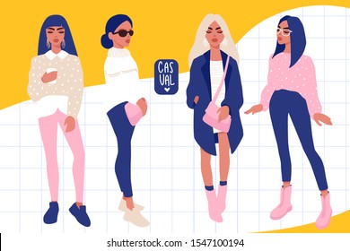 Young women vector set. Stylish girls in trendy clothes. Casual outfit. Fashion teens. Colorful People illustration in flat style. Female cartoon characters.