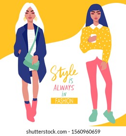 Young women vector set. Stylish girls in trendy clothes isolated on white background. Fashion teens. Colorful People illustration in flat style. Female cartoon characters.