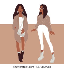 Young women vector set. Stylish girls in trendy clothes isolated on white background. Fashion teens. Colorful People illustration in flat style. Female cartoon characters.