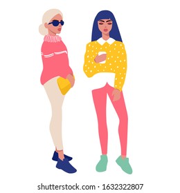 Young women vector set. Stylish girls in trendy clothes. Fashion teens. Colorful People illustration in flat style. Female cartoon characters. You glow girl lettering phrase.