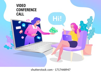 young women in video conference in laptop. Working woman in the living room. Remote work. stay at home, female sitting and working on laptop. people with computer. Flat design vector illustration. EPS