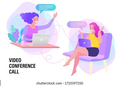 young women in video conference in laptop. Working woman in the living room. Remote work. stay at home, female sitting and working on laptop. people with computer. Flat design vector illustration.