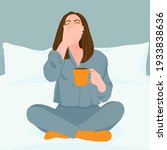 Young women wake up in the morning feeling happy and excited, women on mattress yawns and drinks morning tea or coffee with happy face, feeling healthy women. Good morning. Vector illustration.