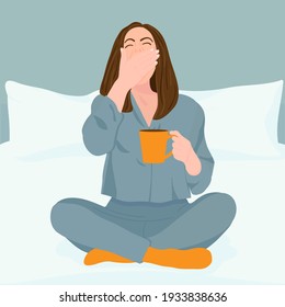 Young women wake up in the morning feeling happy and excited, women on mattress yawns and drinks morning tea or coffee with happy face, feeling healthy women. Good morning. Vector illustration.