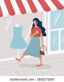 young women walk around in the shopping mall, while carrying coffee and bag vector illustration. used for webste image, poster and other