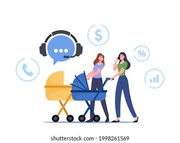 Young Women Walking with Baby Strollers Call to Client Support Service or Telemarketing Store for Ordering Goods. Female Characters Distant Shopping, Purchasing. Cartoon People Vector Illustration