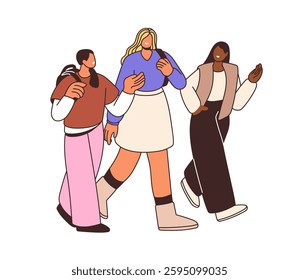 Young women walking and chatting. Happy diverse female friends going and talking. Smiling girls, girlfriends communication during stroll. Flat vector illustration isolated on white background