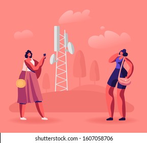 Young Women Walking and Chatting Using Cellular for Smartphones in Park with Transmission Tower. Communicating Online, 5G Internet Connection, Social Media Networking. Cartoon Flat Vector Illustration