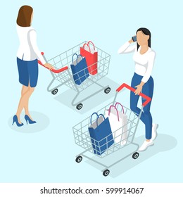 Young women walking with shopping cart. Back view. Isometric 3d flat design vector people different characters, styles and professions, full length diverse acting poses collection.