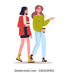 Young women walking together and talking to each other. Friends in a walk. Idea of friendship and peace. Isolated vector illustration in flat style