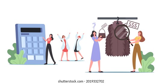 Young Women Watching Expensive Clothes Fur coat and Bags Assortment at Store. Girls Choose Brand Dresses at Market or Shopping Mall. Customer Characters Luxury Fashion. Cartoon Vector Illustration